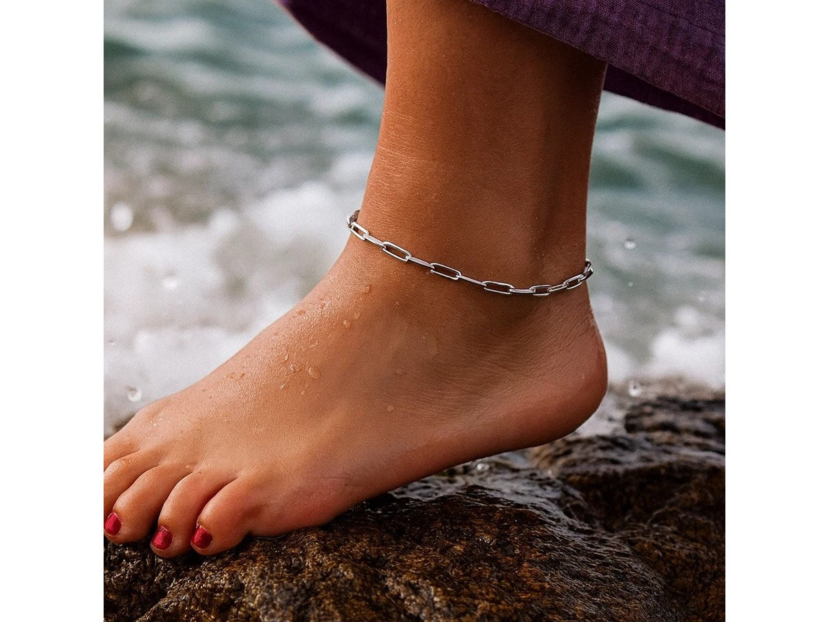 Rhodium Paperclip Chain Anklet