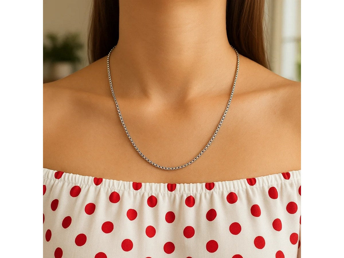 Sterling Silver Rhodium Plated Round Box Chain Necklace