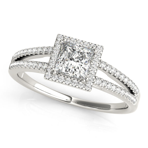 Princess Cut Double Row Split Shank Halo Engagement Ring