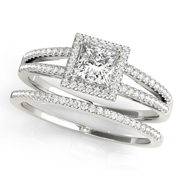 Princess Cut Double Row Split Shank Halo Engagement Ring