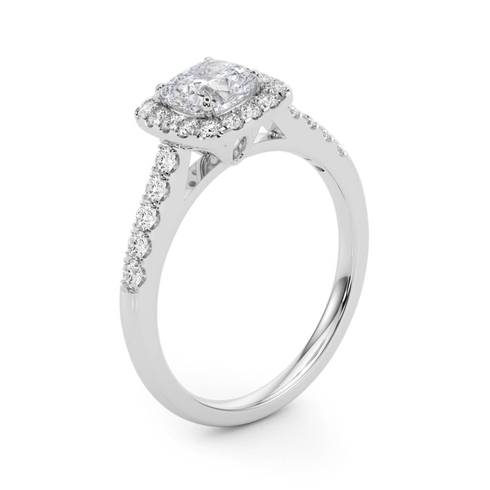 Single Row Cushion Halo Diamond Engagement Ring
