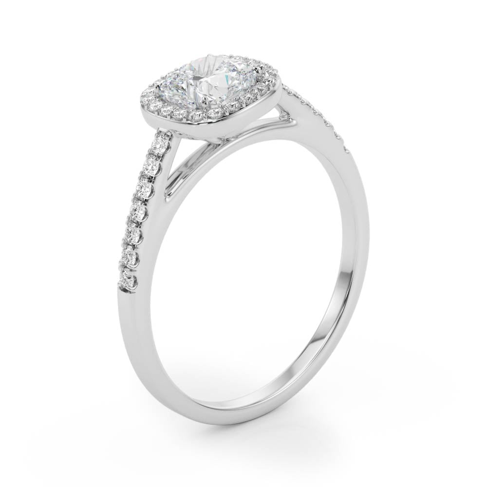 Cushion Halo Engagement Ring with Single Row Diamond Design