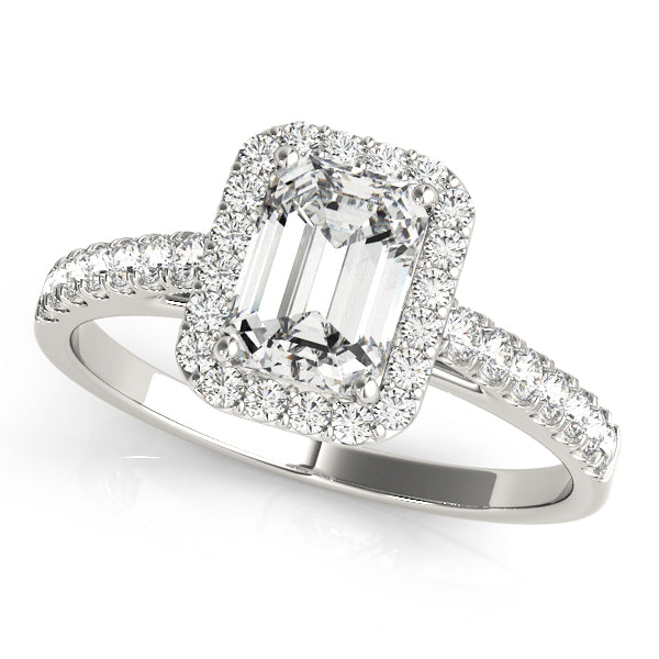 Emerald Cut Halo Engagement Ring with Melee Accents