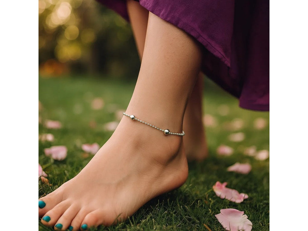 Rhodium Bead Station Chain Anklet