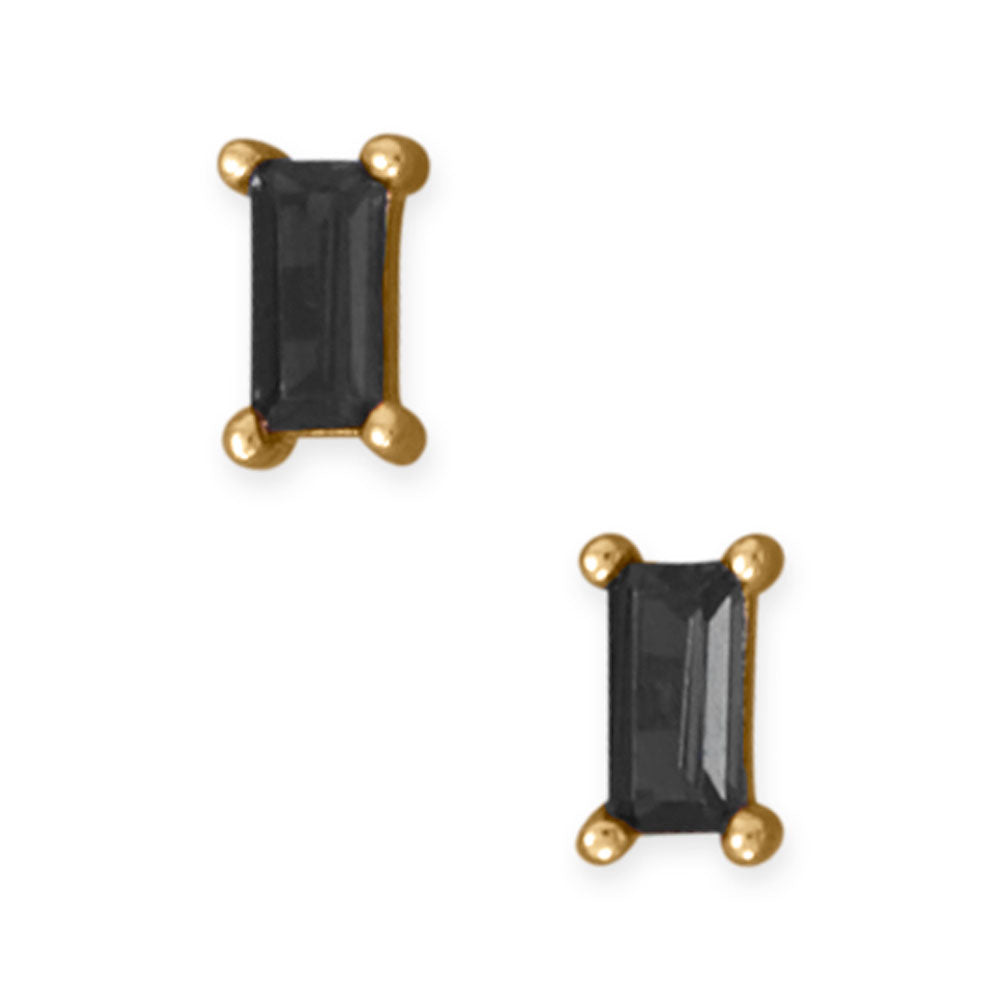 14 Karat Gold Plated Black Baguette CZ Stud Earrings