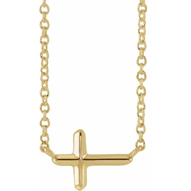Yellow Gold Sideways Cross Pendant Necklace 16 Inch Minimalist Polished Chain