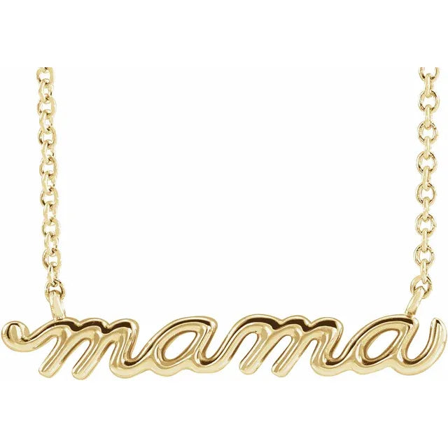 14K Yellow Gold Petite Mama Script Pendant Necklace 18 Inch Polished Chain