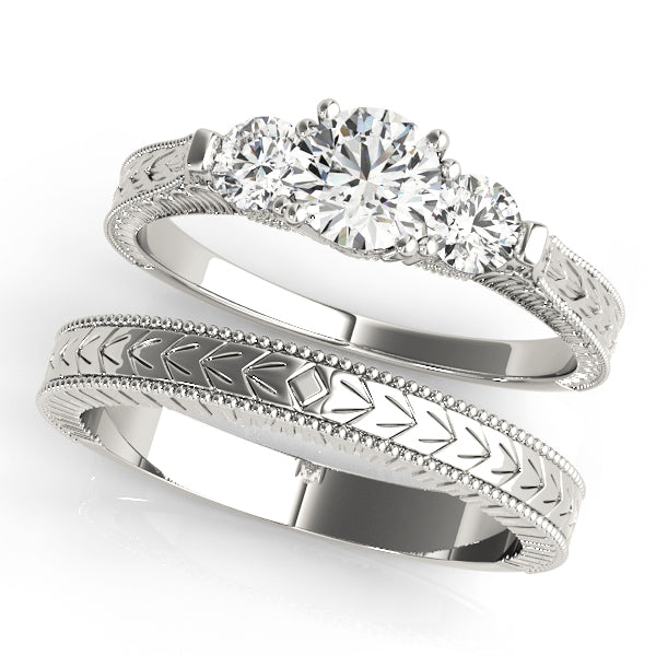 Three Stone Round Filigree Engagement Ring