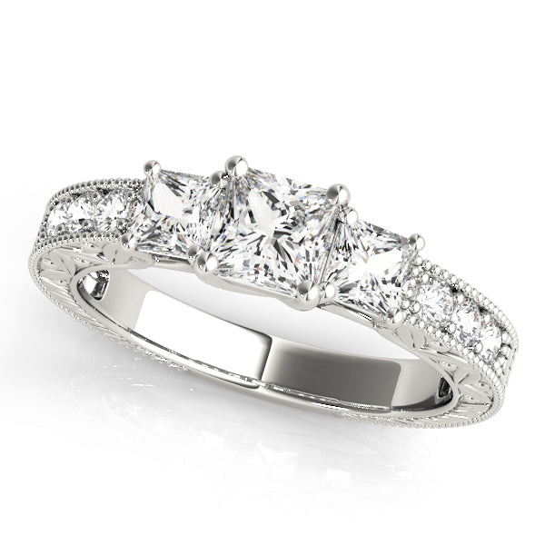 Three Stone Milgrain Princess Engagement Ring