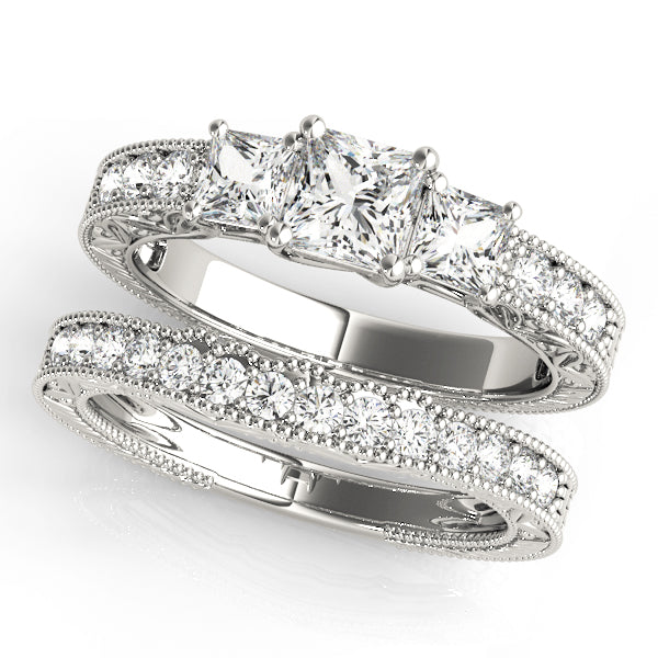 Three Stone Milgrain Princess Engagement Ring