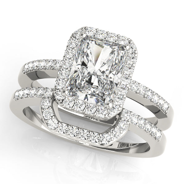 Emerald Cut Halo Engagement Ring with Single Row