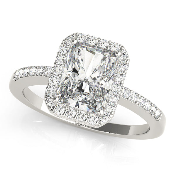 Single Row Emerald Cut Halo Engagement Ring