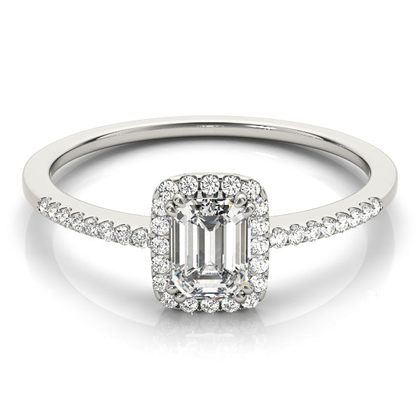 Single Row Halo Emerald Cut Engagement Ring