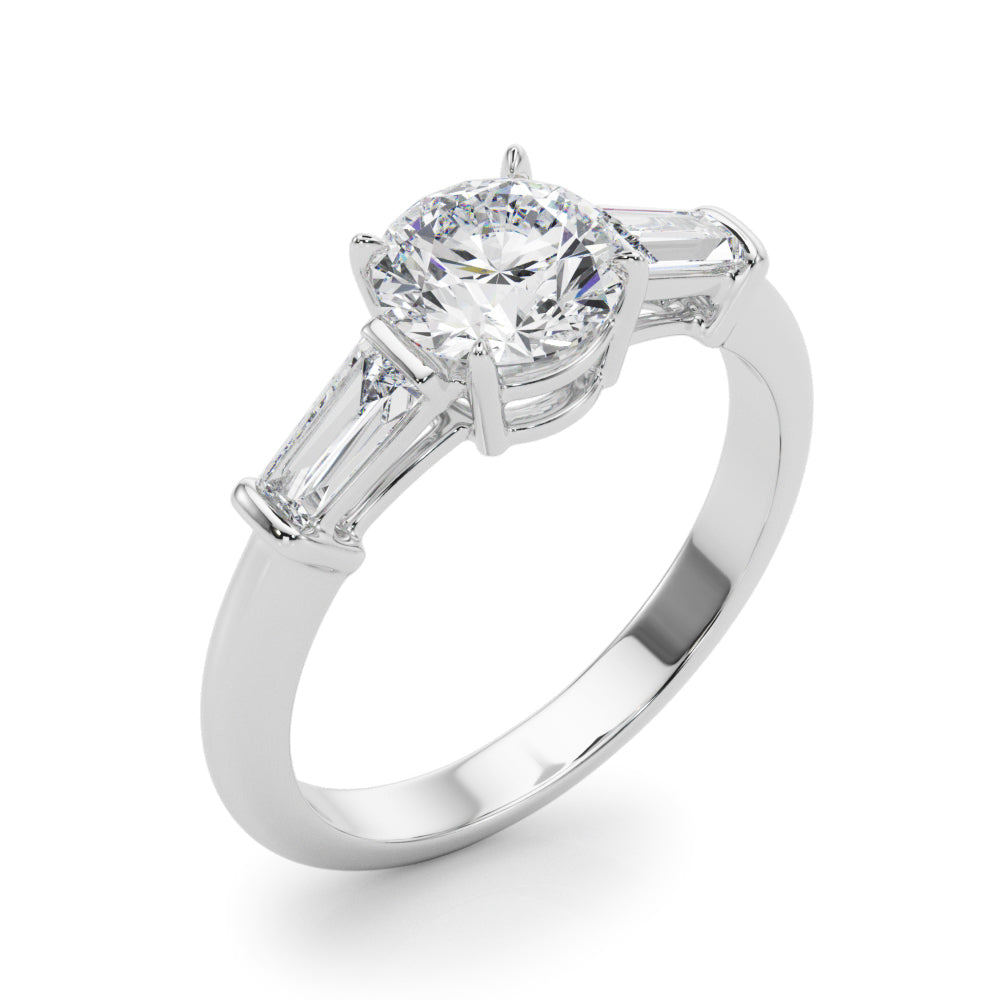 Round Diamond Three Stone Engagement Ring with Tapered Baguette Sides