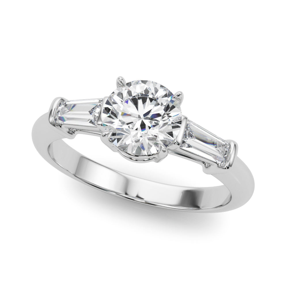Round Diamond Three Stone Engagement Ring with Tapered Baguette Sides