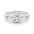 Round Diamond Three Stone Engagement Ring with Tapered Baguette Sides