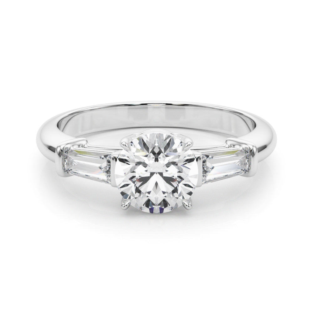 Round Diamond Three Stone Engagement Ring with Tapered Baguette Sides
