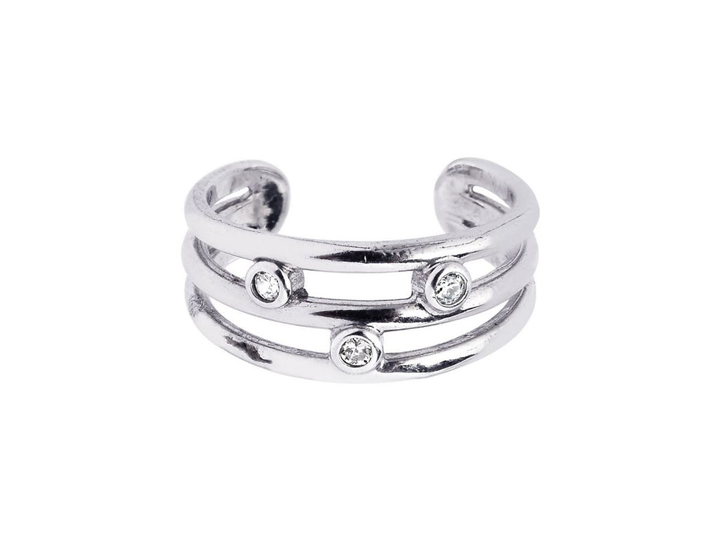 Triple Line Cubic Zirconia Open Toe Ring in Rhodium Sterling Silver