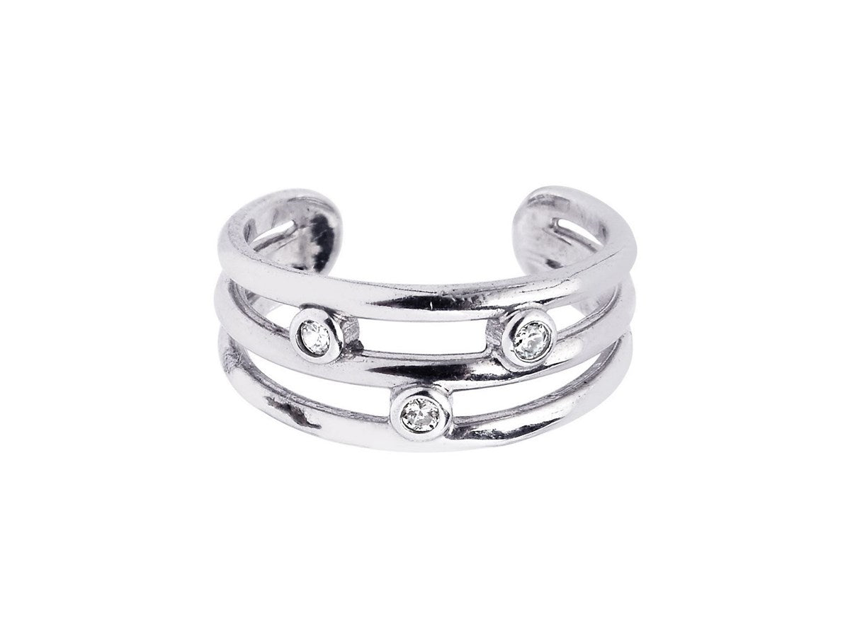 Triple Line Cubic Zirconia Open Toe Ring in Rhodium Sterling Silver