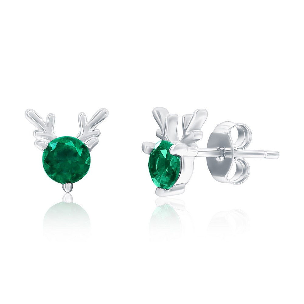 Sterling Silver Green CZ Deer Antler Stud Earrings