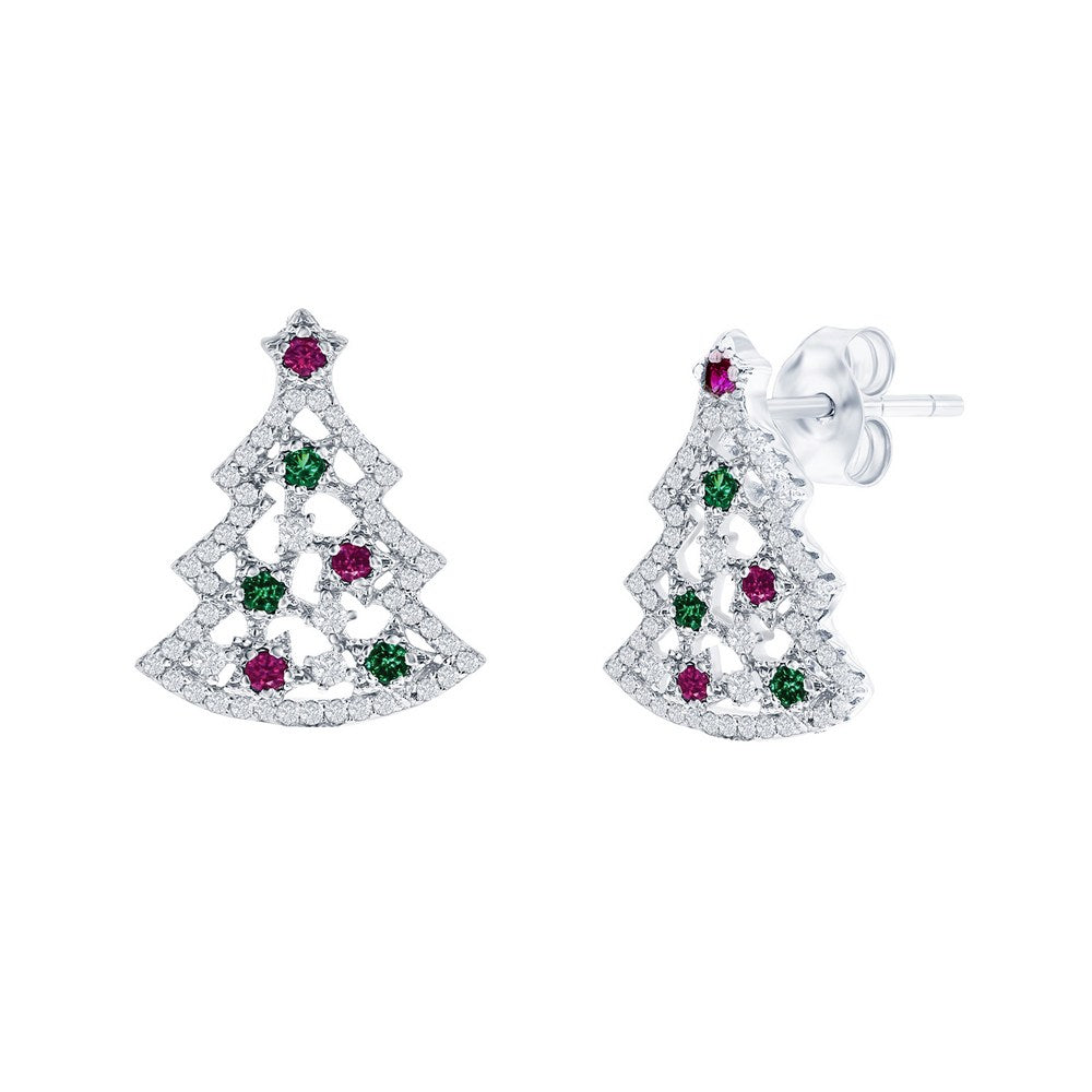 Sterling Silver Christmas Tree CZ Stud Earrings
