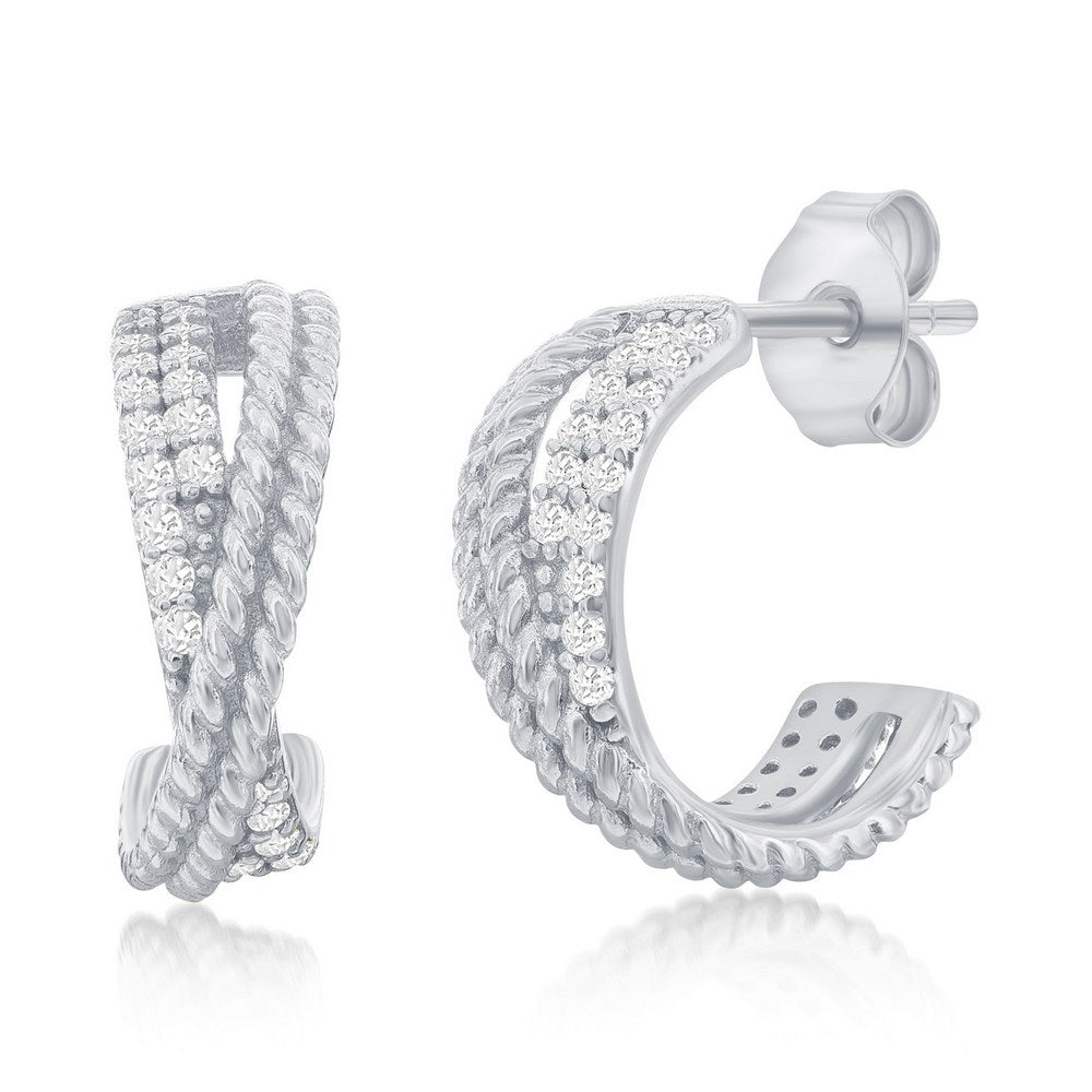 Sterling Silver CZ X Design Hoop Earrings