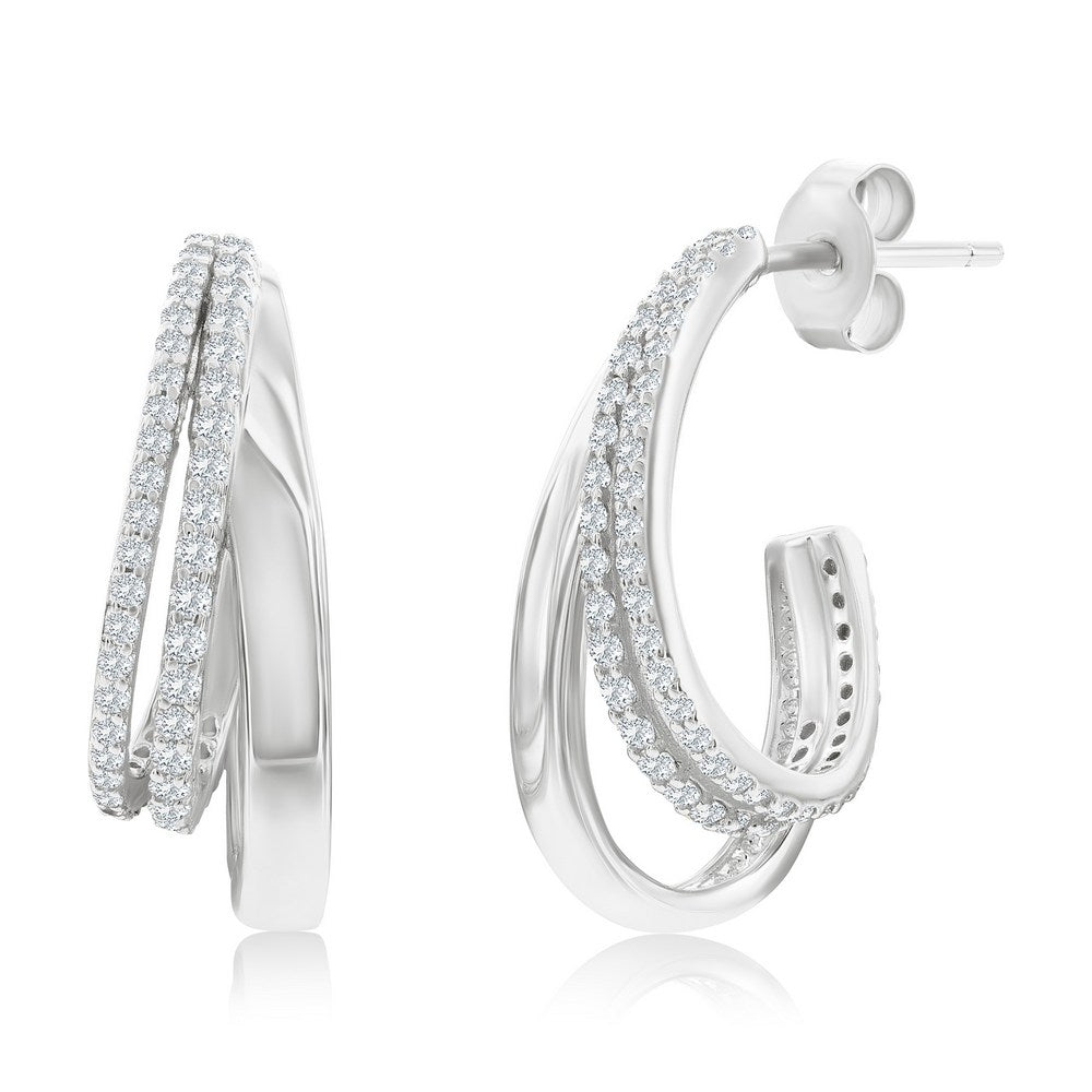 Sterling Silver Triple Row CZ Half Hoop Earrings