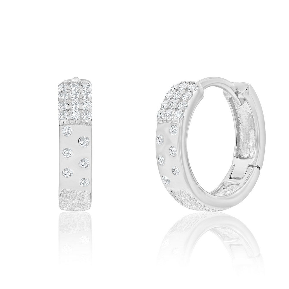 Sterling Silver Brushed CZ Hoop Earrings – 14mm Huggie Style