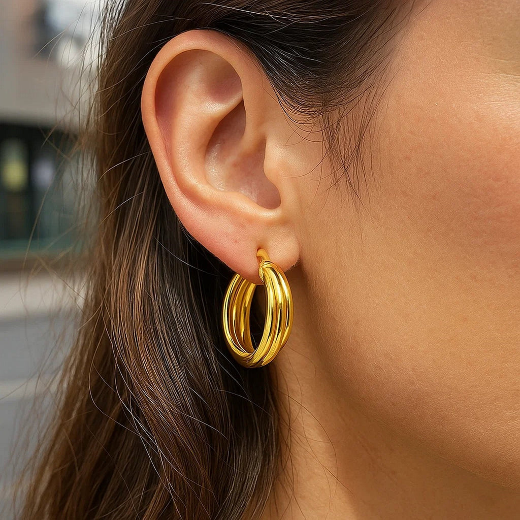 14K Yellow Gold Interlocking Medium Trinity Hoop Earrings