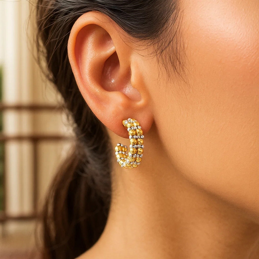 Gold Hoop Earrings with Pallina Beads in 14K Two Tone Gold (5.6x20mm)