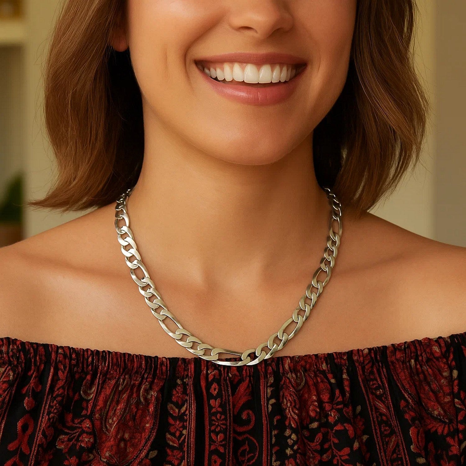 Rhodium Plated 8.8mm Sterling Silver Figaro Style Chain (8.80 mm)