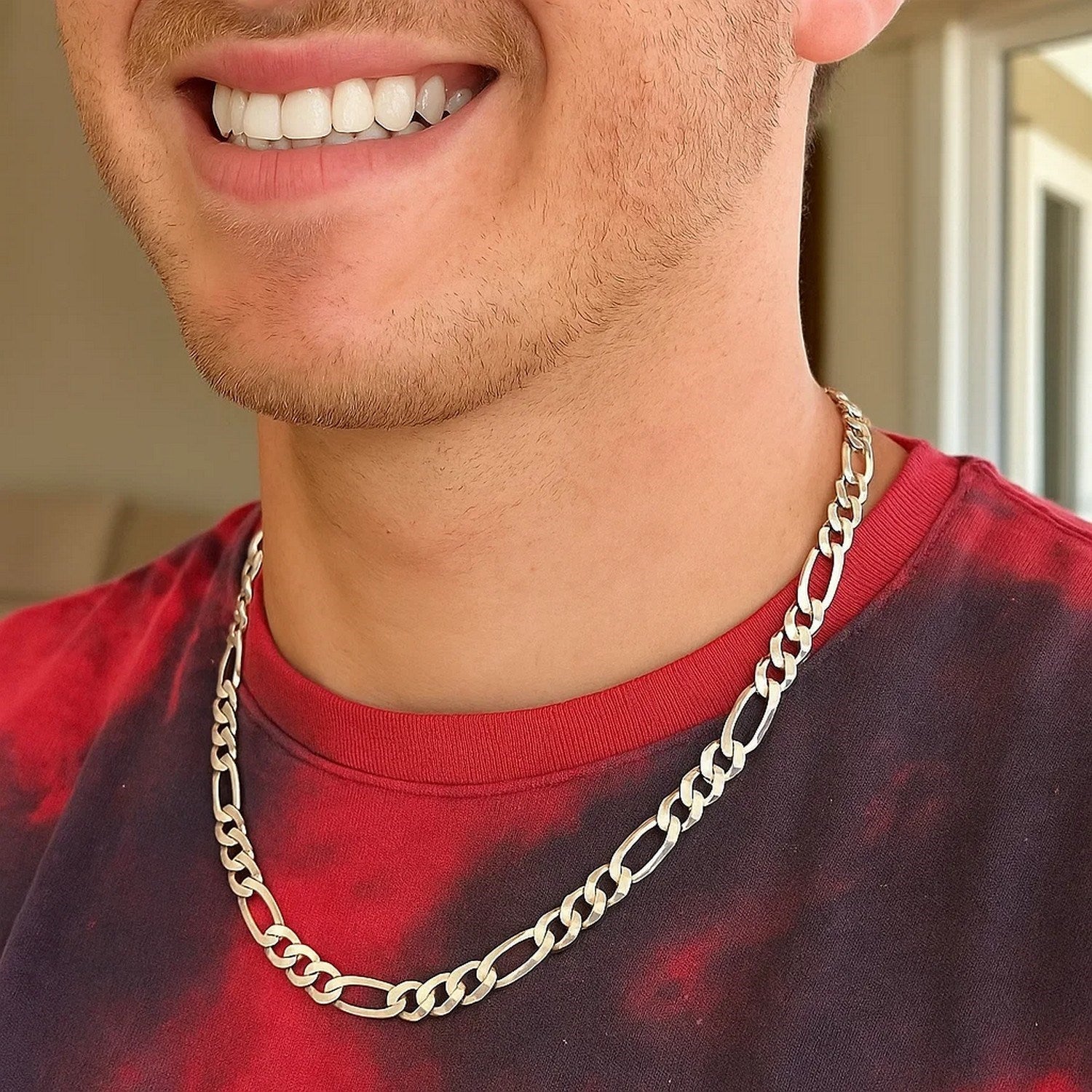 Rhodium Plated 8.8mm Sterling Silver Figaro Style Chain (8.80 mm)