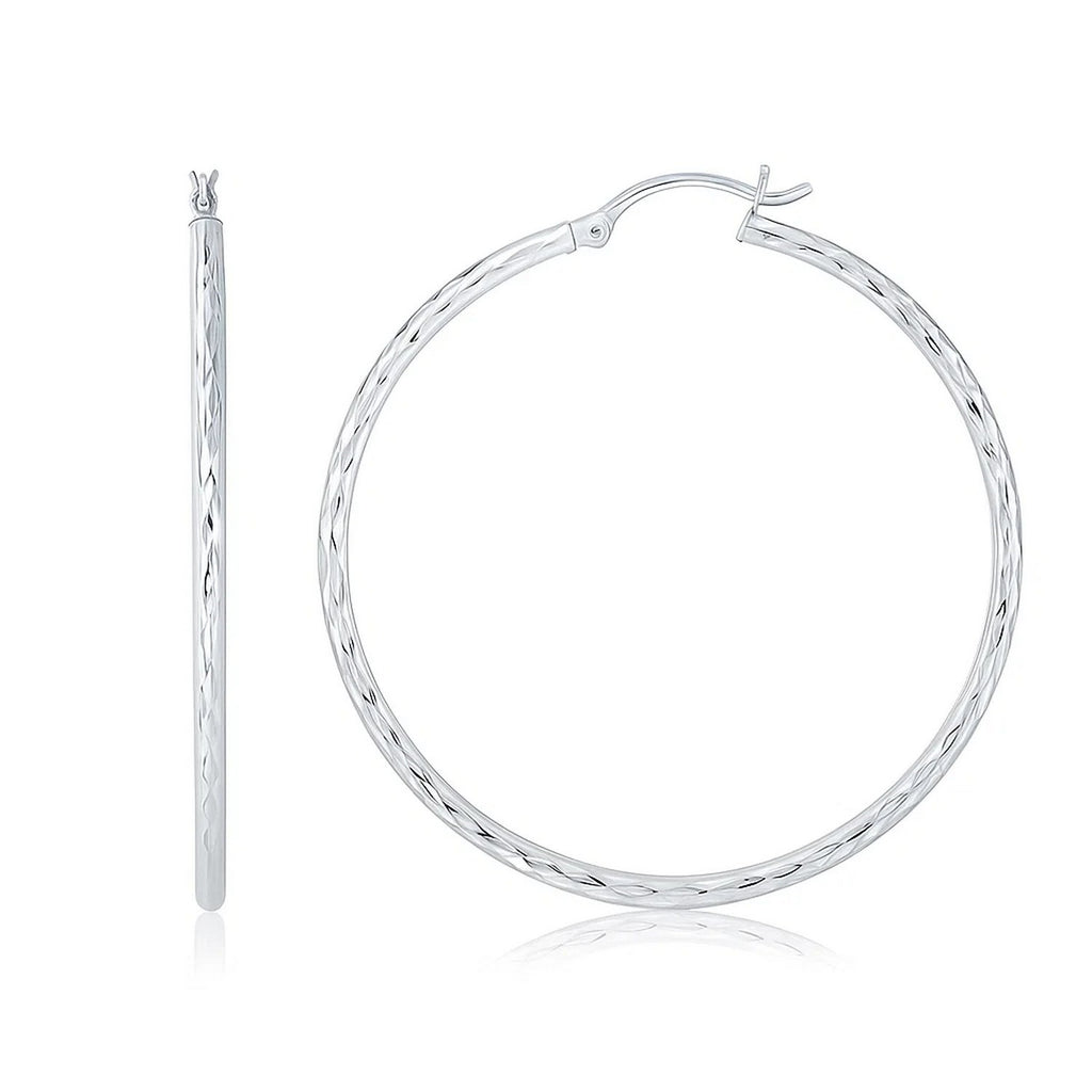 14k White Gold Diamond Cut Hoop Earrings (1 3/4 inch Diameter)
