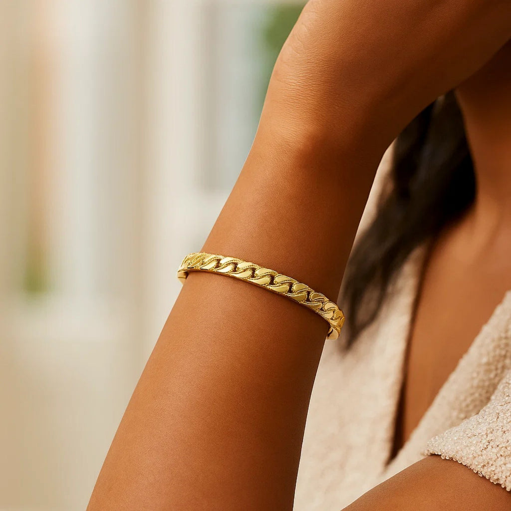 14k Yellow Gold High Polish Cuban Chain Link Bangle (4.60 mm)