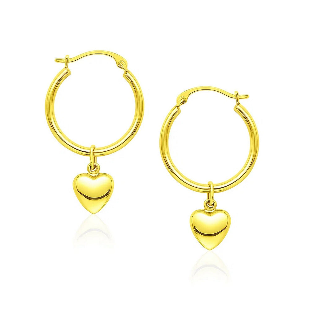 14k Yellow Gold Hoop Earrings with Dangling Puffed Heart