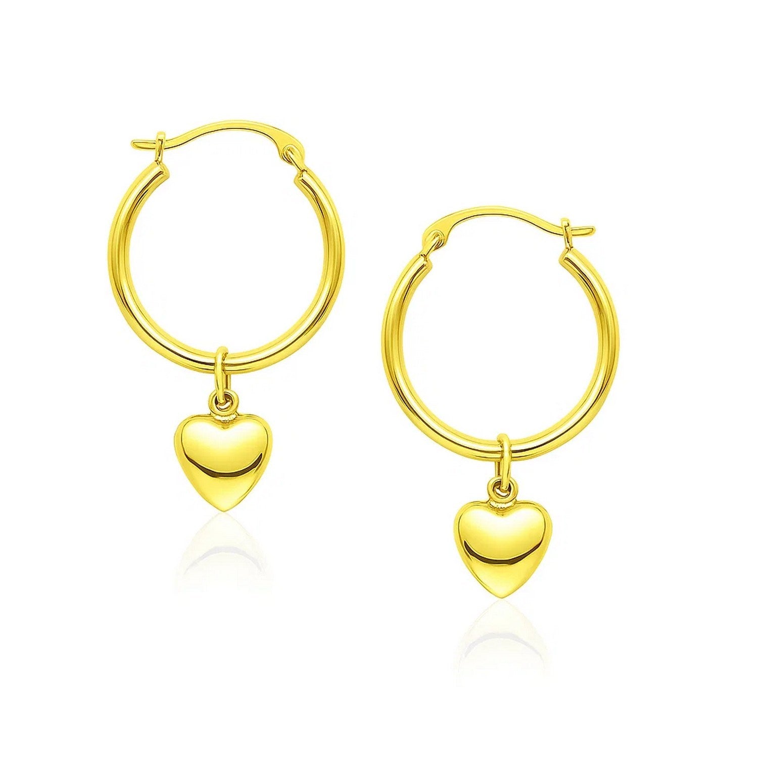14k Yellow Gold Hoop Earrings with Dangling Puffed Heart