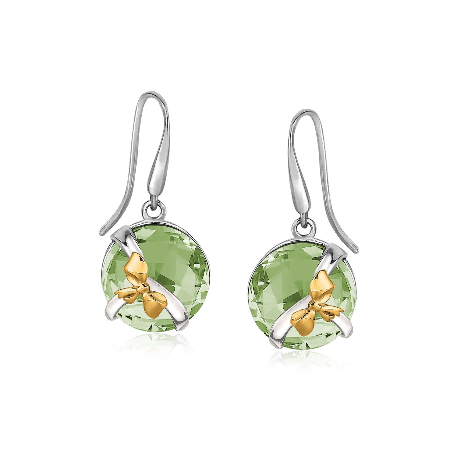 18K Yellow Gold and Sterling Silve Earrings with Bow and Round Green Amethysts