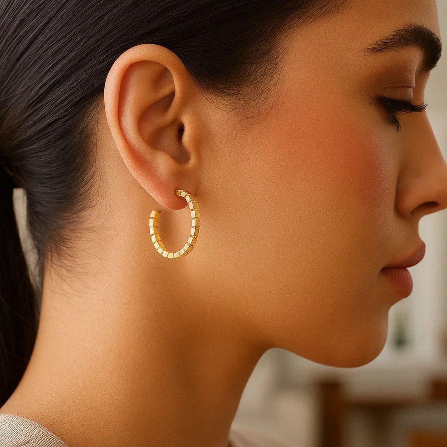 14k Yellow Gold Brick Omega Hoop Earrings