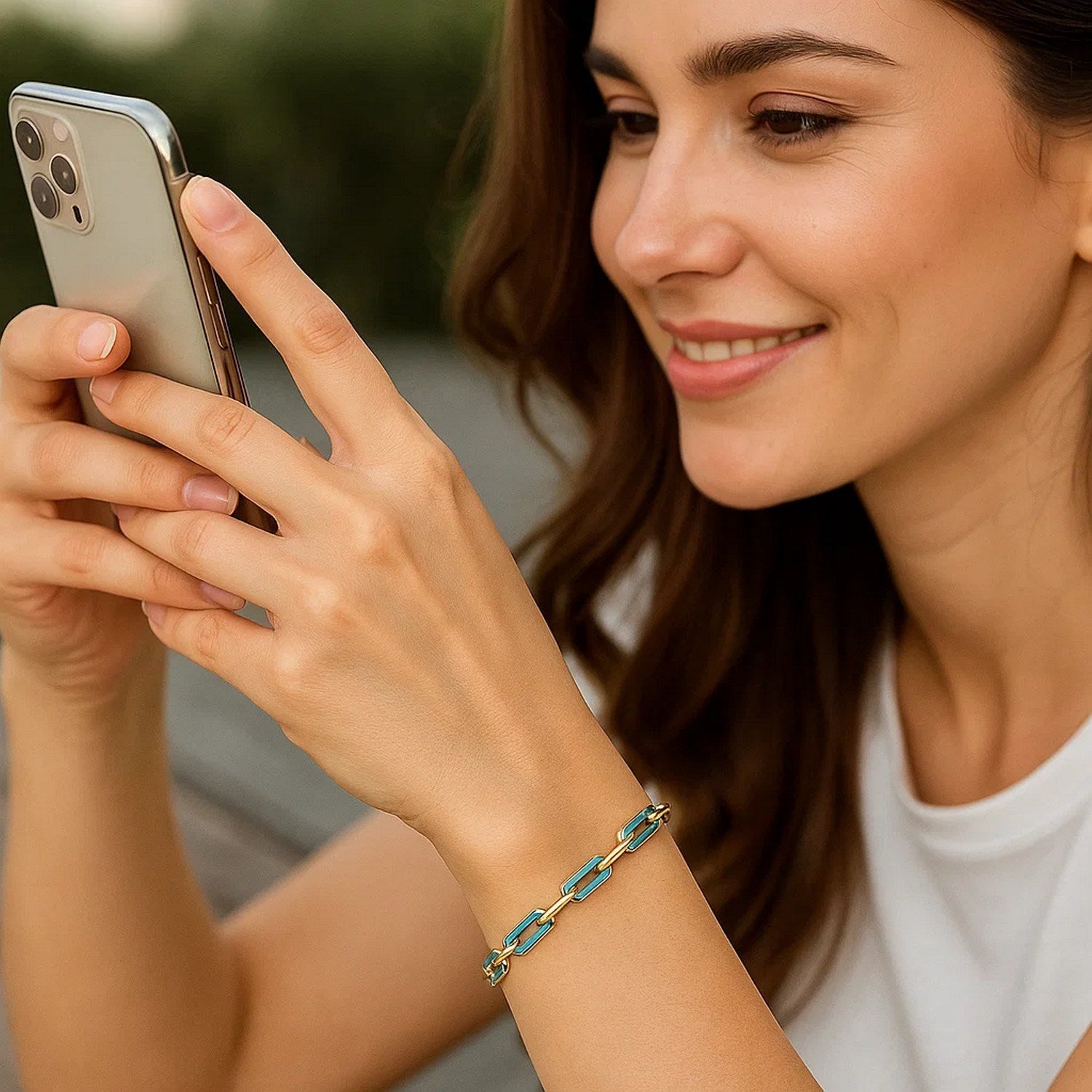 14k Yellow Gold Turquoise Paperclip Gem Link Bracelet (7.00 mm)