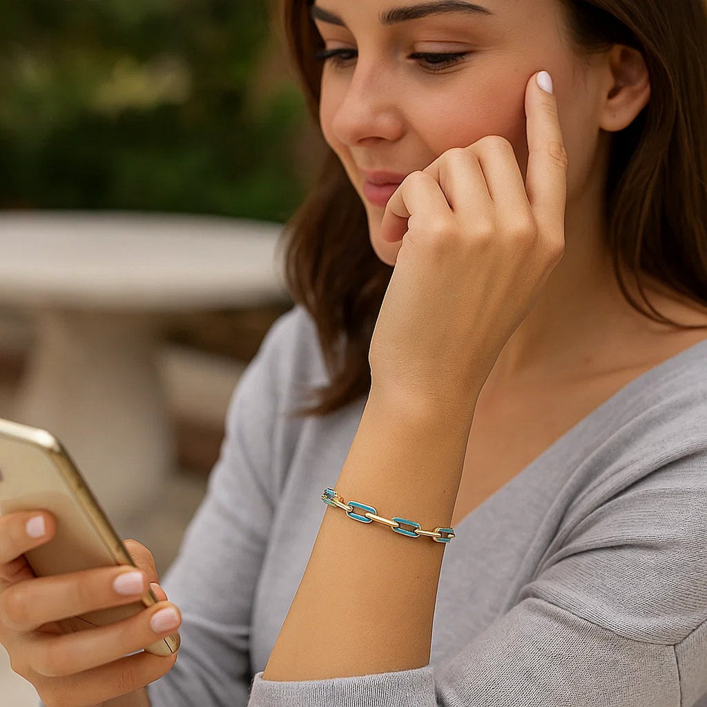 14k Yellow Gold Turquoise Paperclip Gem Link Bracelet (7.00 mm)