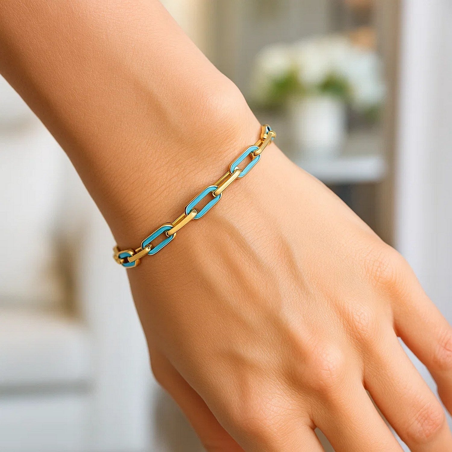 14k Yellow Gold Turquoise Paperclip Gem Link Bracelet (7.00 mm)