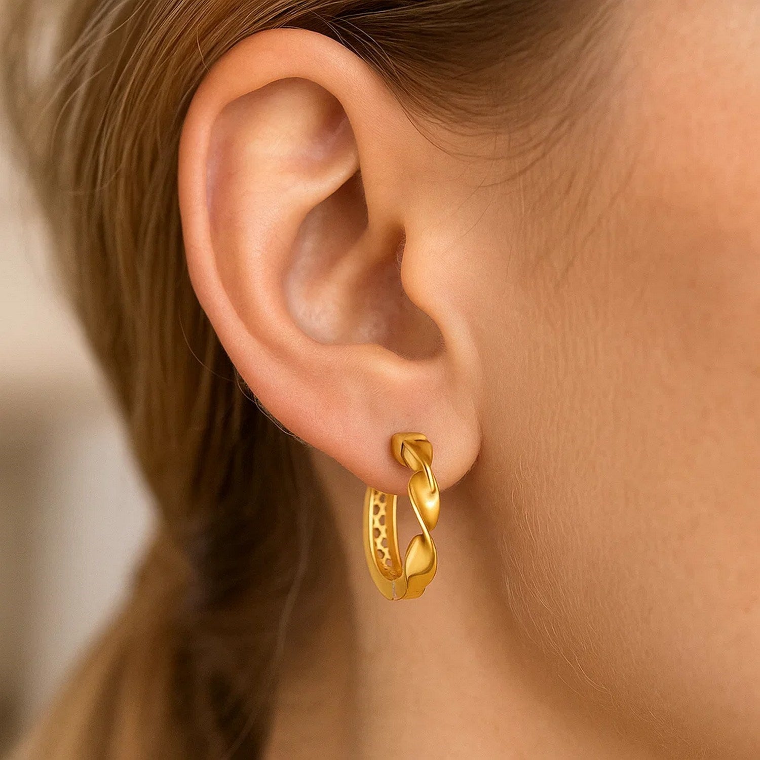 14k Yellow Gold Twist Huggie Hoops