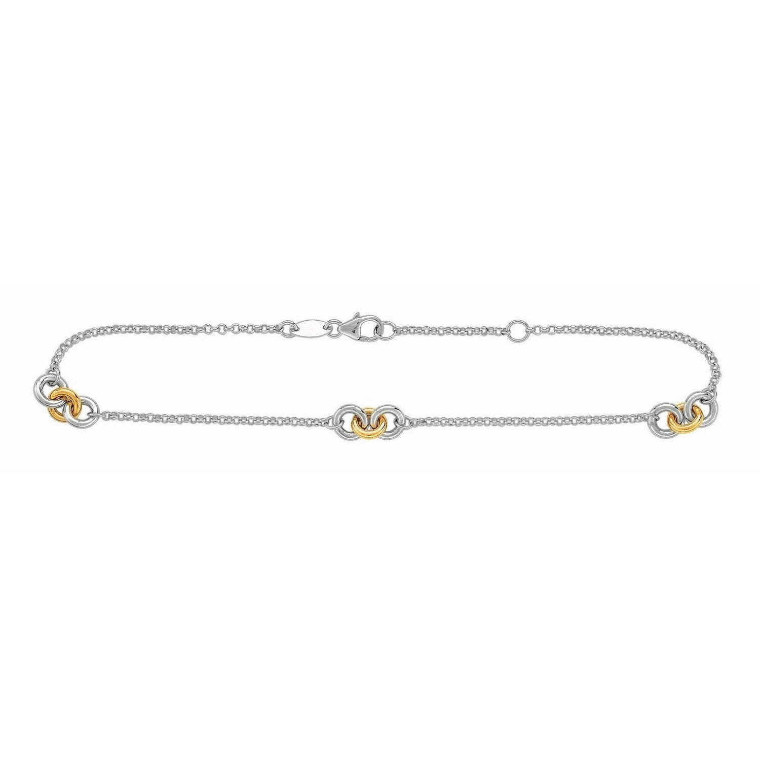 14k Yellow Gold and Sterling Silver Triple Ring Stationed Anklet