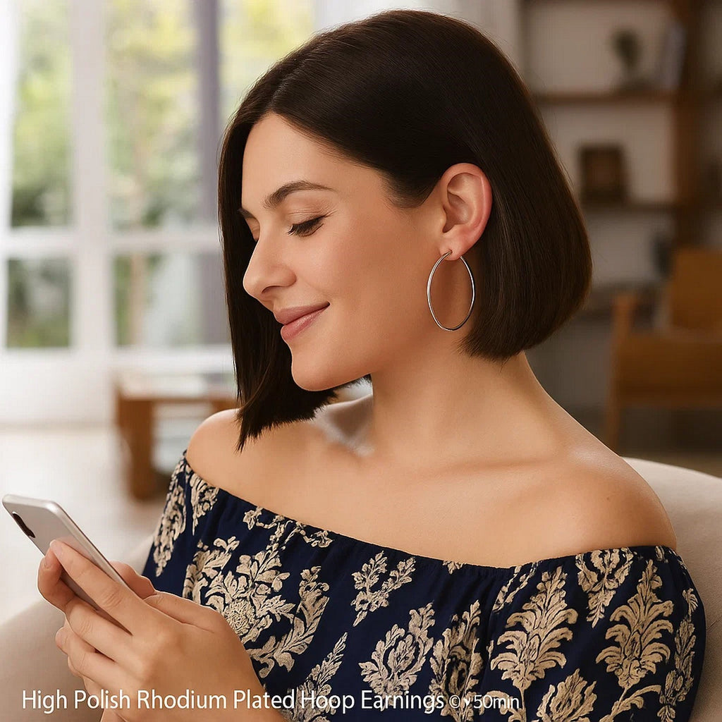 Rhodium Plated Hoop Earrings in Sterling Silver (2x50mm)