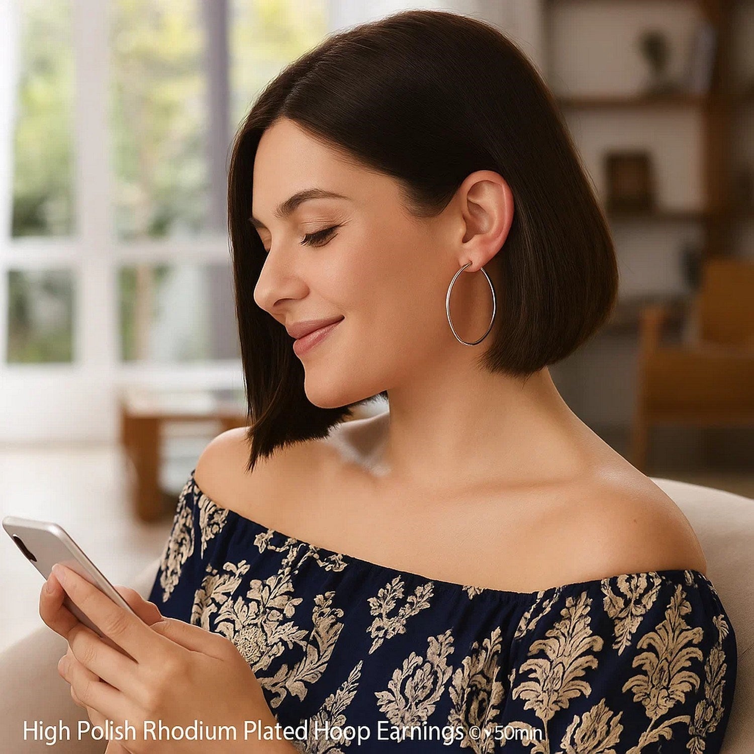 Rhodium Plated Hoop Earrings in Sterling Silver (2x50mm)