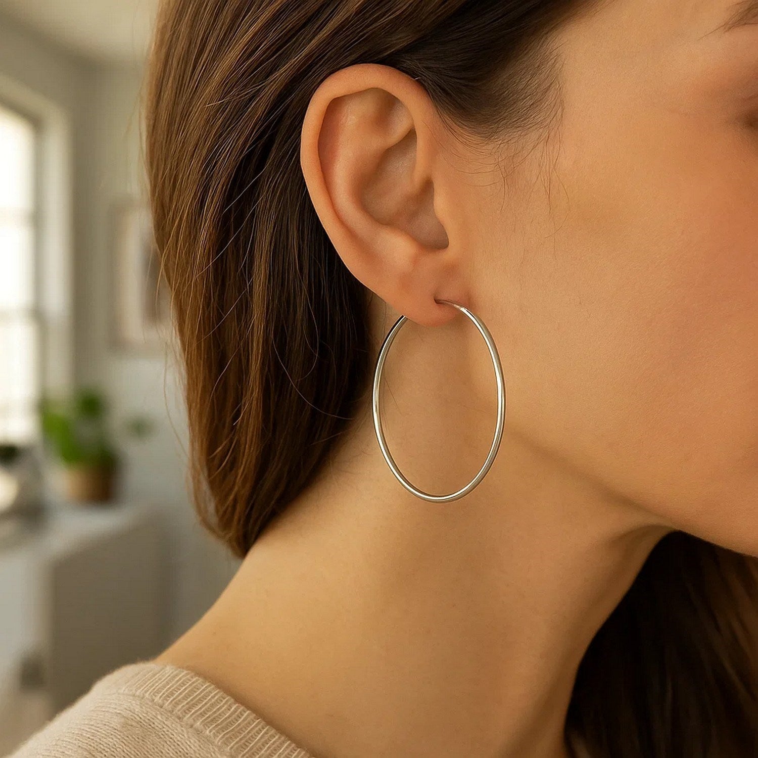 Rhodium Plated Hoop Earrings in Sterling Silver (2x50mm)