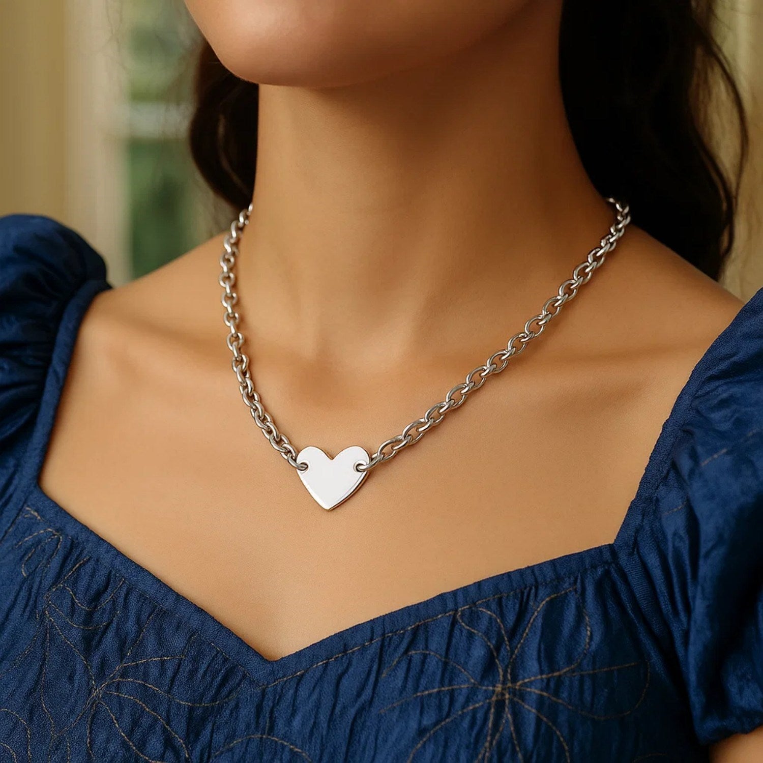 Sterling Silver Rhodium Plated Chain Bracelet with a Flat Heart Motif Station