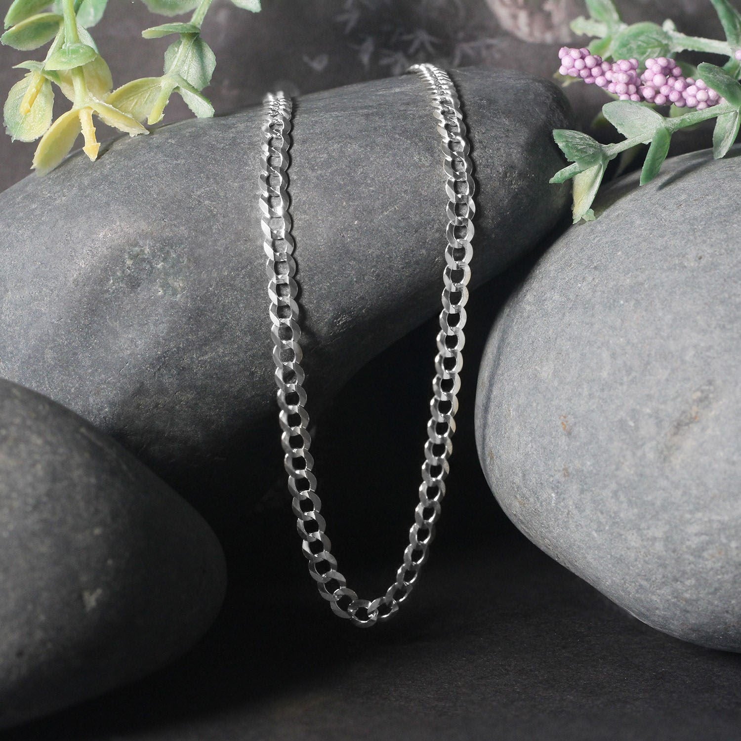 Rhodium Plated 3.7mm Sterling Silver Curb Style Chain (3.70 mm)