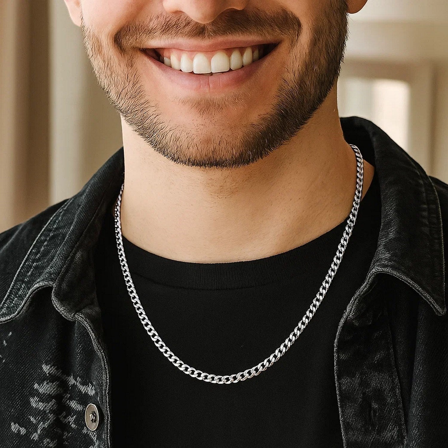 Rhodium Plated 3.7mm Sterling Silver Curb Style Chain (3.70 mm)