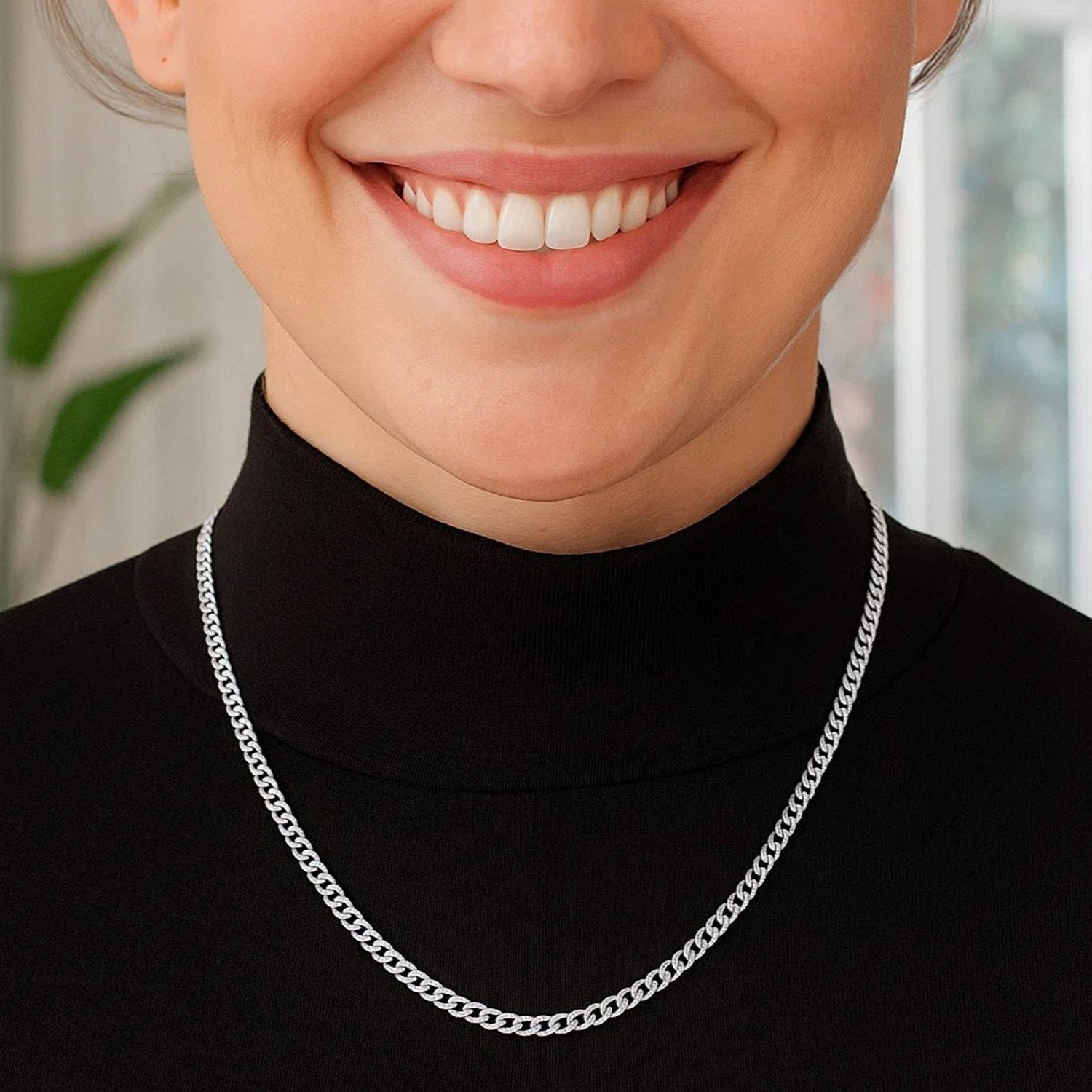 Rhodium Plated 3.7mm Sterling Silver Curb Style Chain (3.70 mm)